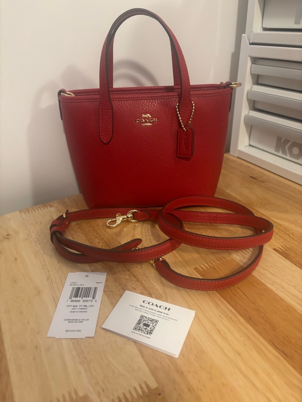 Coach Mini City Tote Red Pebbled Leather Crossbody with Detachable Strap